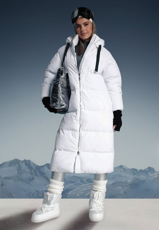 Born2be - Biała Długa Kurtka Pikowana Płaszcz na Zamek z Kapturem Lesea. Okazja: na co dzień. Typ kołnierza: kaptur. Kolor: biały. Materiał: dzianina, jeans. Długość: długie. Styl: casual, elegancki