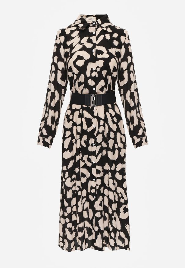 Renee - Czarna Sukienka Koszulowa w Cętki z Paskiem Canahy. Okazja: do pracy, na spotkanie biznesowe. Typ kołnierza: dekolt w kształcie V. Kolor: czarny. Materiał: wiskoza, tkanina. Typ sukienki: koszulowe. Styl: klasyczny, biznesowy