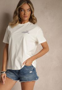 Renee - Jasnobeżowy T-shirt z Bawełny z Nadrukiem Adferia. Okazja: na co dzień. Kolor: beżowy. Materiał: bawełna. Wzór: nadruk. Styl: klasyczny, elegancki, casual #4
