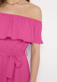 Born2be - Różowa Sukienka o Rozkloszowanym Fasonie z Hiszpańskim Dekoltem i Materiałowym Paskiem Nacara. Okazja: na co dzień. Kolor: różowy. Materiał: materiał. Długość rękawa: krótki rękaw. Sezon: lato. Typ sukienki: proste. Styl: casual #7