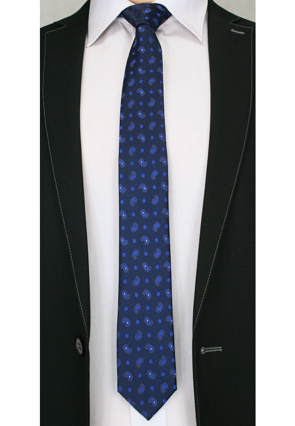 Stylowy Krawat Męski w Oryginalny Wzór PAISLEY- 6 cm - Angelo di Monti, Granatowy. Kolor: niebieski. Wzór: paisley. Styl: elegancki