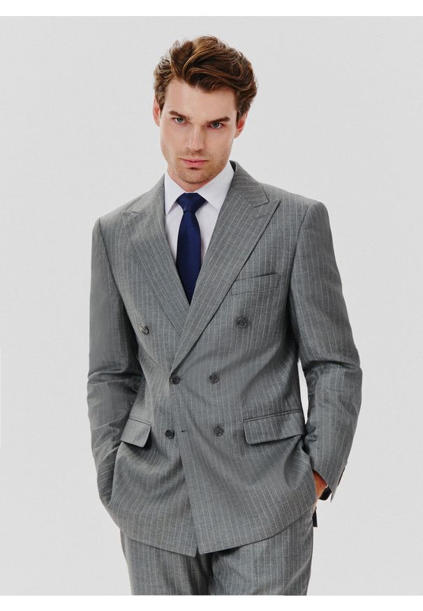 Pako Lorente - PAKO LORENTE – Szara marynarka garniturowa w prążek. Kolor: szary. Materiał: poliester, wiskoza. Wzór: prążki