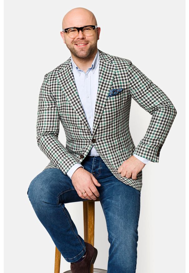 Lancerto - Marynarka Zielono-Czarna w Kratę Brasilia. Kolor: czarny, wielokolorowy, zielony. Materiał: tkanina, len, wełna. Sezon: lato. Styl: vintage