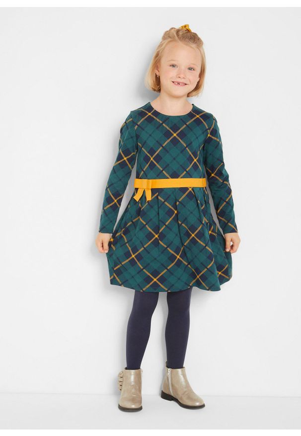 bonprix - Sukienka dziewczęca z dżerseju, bawełna organiczna. Typ kołnierza: kokarda. Kolor: niebieski. Materiał: jersey, bawełna