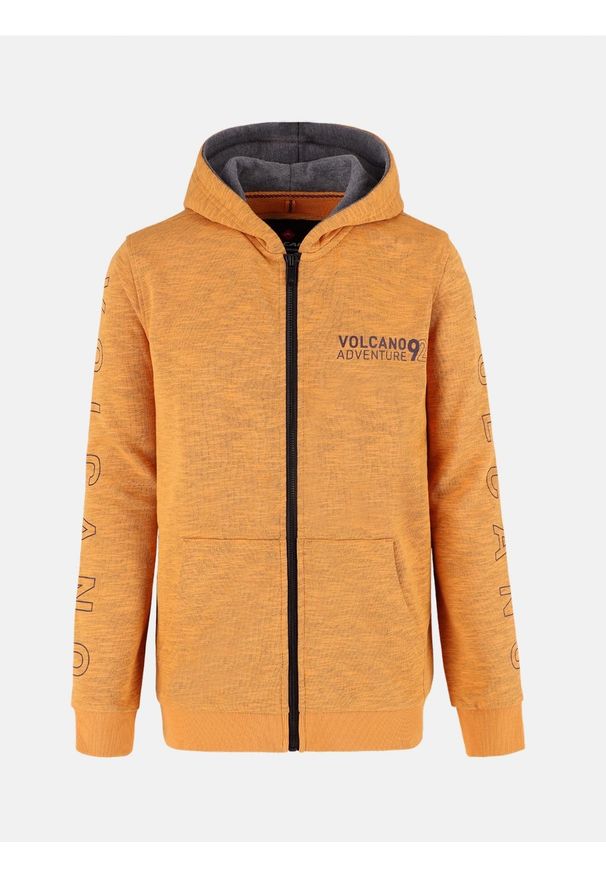 Volcano - Żółta bluza chłopięca z kapturem, rozpinana B-ANTON JUNIOR. Typ kołnierza: kaptur. Kolor: żółty. Materiał: skóra, dzianina, materiał, bawełna, włókno. Wzór: melanż, aplikacja, paski, napisy, nadruk. Styl: młodzieżowy, sportowy