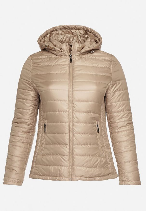 Born2be - Ciemnobeżowa Pikowana Kurtka z Opinanym Kapturem i Wstawkami z Gumek Terilinde. Okazja: na co dzień. Kolor: beżowy. Styl: elegancki, casual