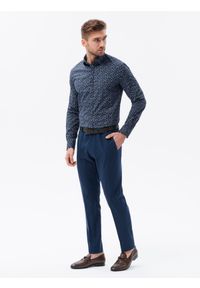 Ombre Clothing - Koszula męska z drobnym printem w listki REGULAR FIT - granatowa V7 K627 - XL. Kolor: niebieski. Materiał: bawełna, poliester, elastan. Wzór: nadruk #5