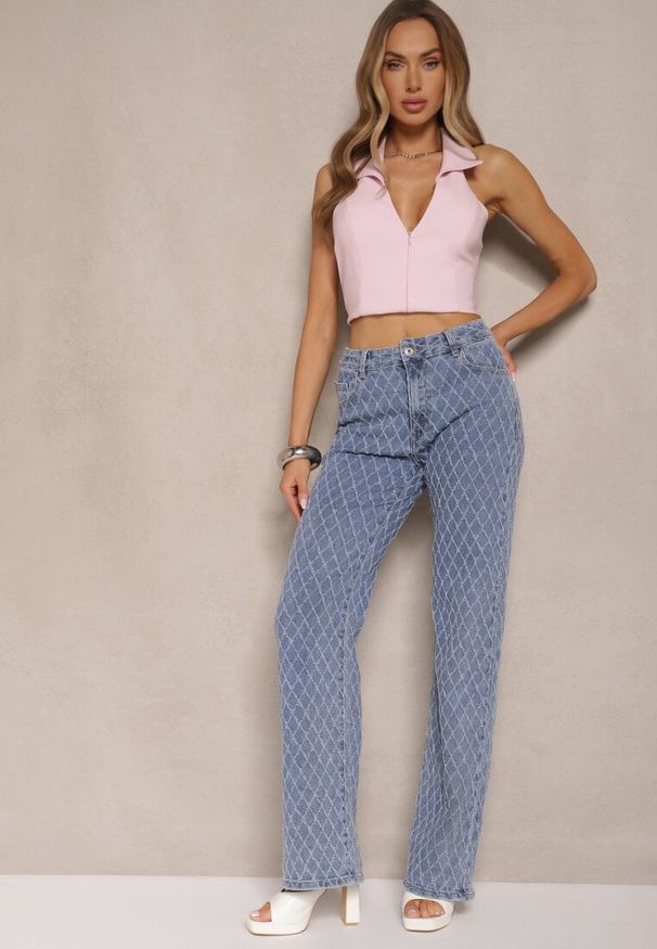 Renee - Niebieskie Jeansy z Bawełny High Waist o Szerokim Kroju w Romby Tuvielle. Okazja: na co dzień. Stan: podwyższony. Kolor: niebieski. Styl: casual