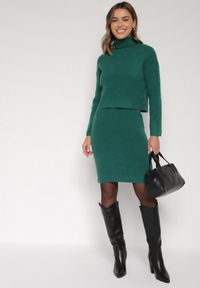 Born2be - Zielony Komplet Dzianinowy z Wełną i Bawełną Golf i Dopasowana Sukienka Reilaia. Kolor: zielony. Materiał: dzianina, bawełna, wełna. Sport: golf #1