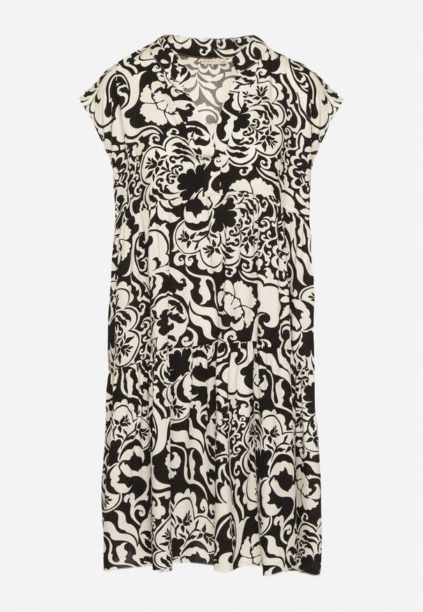 Born2be - Czarna Bawełniana Sukienka o Kroju Oversize w Ornamentny Wzór Izelona. Okazja: na co dzień. Kolor: czarny. Materiał: bawełna. Typ sukienki: oversize. Styl: casual, klasyczny