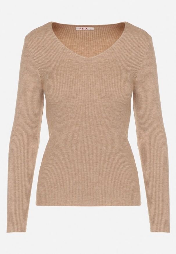 Born2be - Ciemnobeżowy Dopasowany Sweter z Prążkowanej Dzianiny z Bawełną z Dekoltem w Serek Tesma. Okazja: na co dzień. Typ kołnierza: dekolt w serek. Kolor: beżowy. Materiał: prążkowany, bawełna, dzianina. Długość rękawa: długi rękaw. Długość: długie. Styl: casual, elegancki