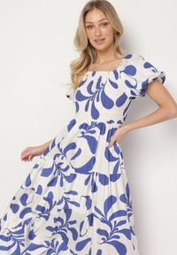 Born2be - Niebieska Rozkloszowana Sukienka z Elastyczną Górą i Bufiastymi Rękawami Orrivene. Okazja: na co dzień. Typ kołnierza: dekolt kwadratowy. Kolor: niebieski. Typ sukienki: proste. Styl: elegancki, casual #6