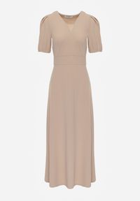 Renee - Jasnobeżowa Rozkloszowana Sukienka z Lekko Bufiastymi Rękawami i Dekoltem V Efrusae. Okazja: na co dzień. Kolor: beżowy. Typ sukienki: proste, dopasowane. Styl: klasyczny, casual #6