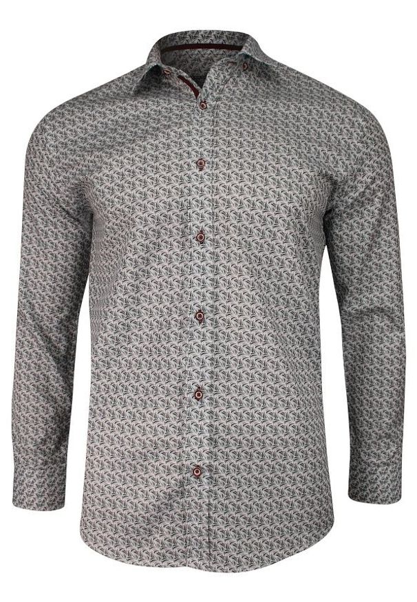 Grzegorz Moda Męska - Szaro-Zielona Bawełniana Koszula z Długim Rękawem -GRZEGORZ MODA MĘSKA- Taliowana, Wzór Geometryczny. Okazja: na spotkanie biznesowe, do pracy. Kolor: szary, zielony, wielokolorowy. Materiał: poliester, bawełna. Długość rękawa: długi rękaw. Długość: długie. Wzór: geometria. Styl: elegancki, biznesowy