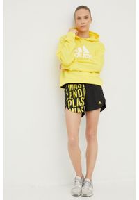 adidas Performance bluza bawełniana damska kolor żółty z kapturem z nadrukiem. Typ kołnierza: kaptur. Kolor: żółty. Materiał: bawełna. Wzór: nadruk #4
