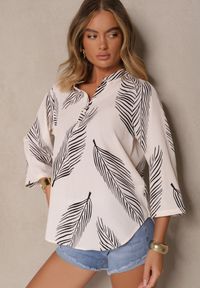 Renee - Jasnobeżowa Koszula z Bawełną i Motywem Liści Lumireline. Okazja: na co dzień. Kolor: beżowy. Materiał: bawełna. Styl: elegancki, casual
