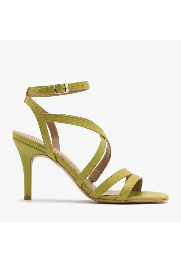 Ryłko - Limonkowe sandały na szpilce z paseczkami MIRELLA. Kolor: zielony. Materiał: skóra. Obcas: na szpilce. Wysokość obcasa: średni
