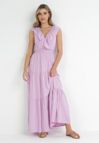 Born2be - Fioletowa Sukienka Maxi z Marszczoną Gumką w Pasie i Wiązaniem na Plecach Vaida. Typ kołnierza: kołnierz z falbankami. Kolor: fioletowy. Długość rękawa: bez rękawów. Długość: maxi #2