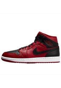 Buty męskie Air Jordan 1 MID 554724-660 - czerwono-czarne. Wysokość cholewki: za kostkę. Kolor: czerwony, wielokolorowy, czarny. Materiał: guma, syntetyk. Szerokość cholewki: normalna. Sport: fitness