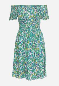 Born2be - Zielona Wiskozowa Sukienka Typu Hiszpanka z Elastyczną Gumką w Talii Anlavera. Okazja: na co dzień. Typ kołnierza: dekolt hiszpanka. Kolor: zielony. Wzór: kwiaty. Typ sukienki: proste. Materiał: wiskoza. Długość rękawa: krótki rękaw. Sezon: wiosna. Styl: casual #2