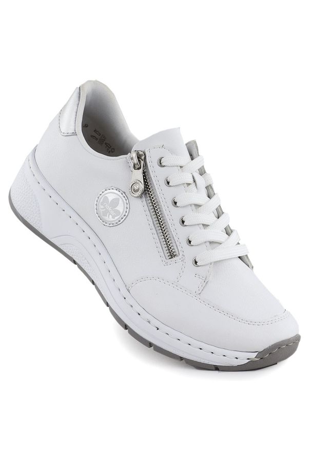 Skórzane półbuty damskie sneakersy białe Rieker N6508-80. Kolor: biały. Materiał: skóra