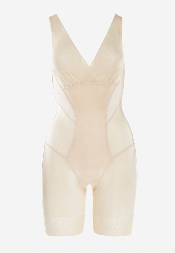 Born2be - Beżowe Modelujące Body z Kopertowym Dekoltem i Koronką Tivas. Kolor: beżowy. Materiał: koronka. Wzór: koronka