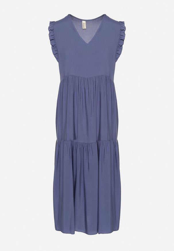 Born2be - Niebieska Bawełniana Sukienka Ozdobiona Falbankami Aveliova. Okazja: na co dzień, na spacer, na imprezę. Typ kołnierza: kołnierz z falbankami. Kolor: niebieski. Materiał: bawełna. Wzór: aplikacja. Typ sukienki: proste. Styl: casual, elegancki. Długość: midi