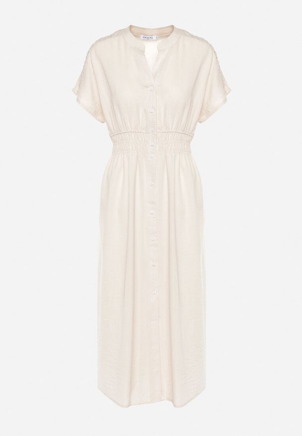 Born2be - Beżowa Koszulowa Sukienka z Wiskozą i Gumką w Pasie Zapinana na Guziki Dillea. Okazja: na imprezę, na co dzień. Kolor: beżowy. Materiał: wiskoza. Typ sukienki: koszulowe. Styl: elegancki, casual