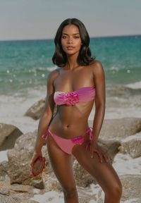 Renee - Różowe 3-Częściowe Bikini Stanik i Majtki z Aplikacjami Kwiatów Pareo z Siateczki Irisel. Kolor: różowy. Wzór: aplikacja, kwiaty