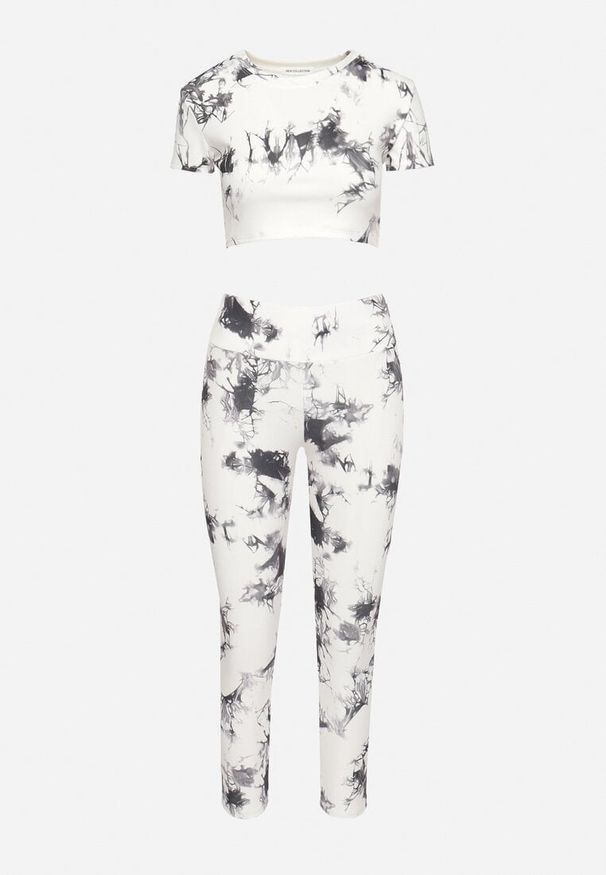Born2be - Biały Komplet Sportowy z Wzorem Tie-Dye Top z Krótkimi Rękawami i Leggisy Larvena. Kolor: biały