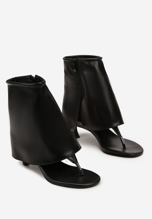 Renee - Czarne Sandały Japonki na Słupku z Cholewką za Kostkę z Ekoskóry Jorilda. Zapięcie: zamek. Kolor: czarny. Obcas: na słupku. Styl: klasyczny. Wysokość obcasa: średni