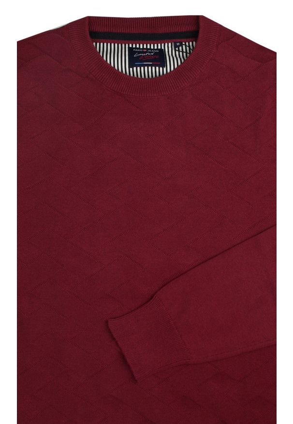 Bawełniany Sweter Męski - Pako Jeans - Bordowy z Fakturą Materiału. Kolor: czerwony. Materiał: bawełna. Sezon: wiosna, zima, jesień. Styl: klasyczny, elegancki