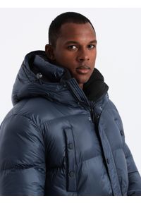 Ombre Clothing - Męska długa kurtka puffer z zapinanymi kieszeniami – granatowa V3 OM-JALJ-0186 - XL. Kolor: niebieski. Materiał: poliester, syntetyk, nylon, materiał, polar. Długość: długie. Wzór: aplikacja #6