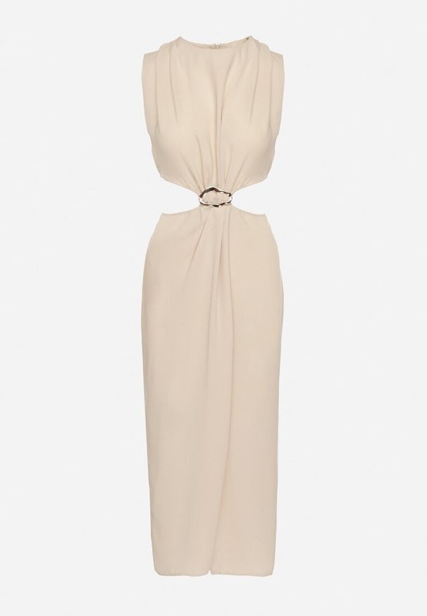 Born2be - Beżowa Sukienka Rozkloszowana z Wycięciami w Talii z Metaliczną Ozdobą Galetia. Kolor: beżowy. Wzór: aplikacja. Styl: klasyczny, elegancki