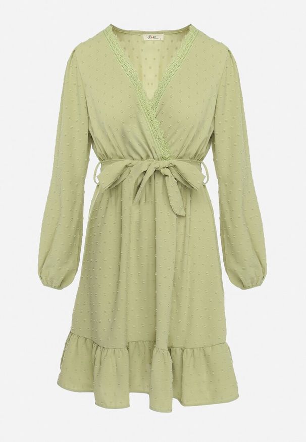 Born2be - Zielona Sukienka Mini z Tkaniny Plumeti Z Koronką i Materiałowym Paskiem Difia. Kolor: zielony. Materiał: koronka, materiał, tkanina. Wzór: koronka. Długość: mini