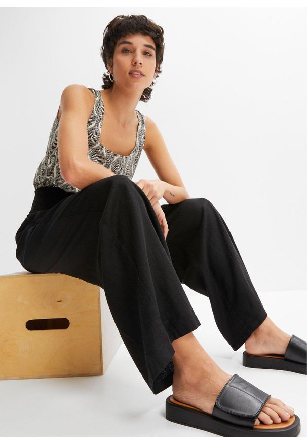 bonprix - Spodnie Marlena z przewiewnej mieszanki lnu. Stan: podwyższony. Kolor: czarny. Materiał: len. Styl: elegancki