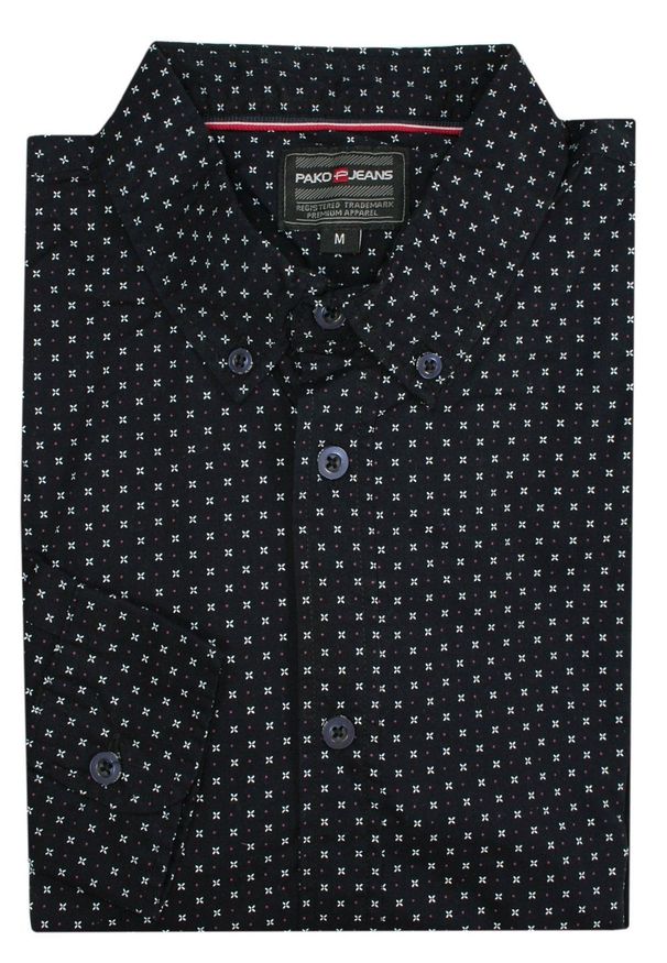 Pako Jeans - Koszula Casualowa, Czarna w Drobny Wzór, Bawełniana, Delikatnie Taliowana, Długi Rękaw -PAKO JEANS. Okazja: na co dzień. Kolor: czarny. Materiał: bawełna. Długość rękawa: długi rękaw. Długość: długie. Styl: casual