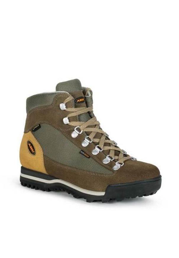 Buty trekkingowe damskie Aku Ultralight. Wysokość cholewki: za kostkę. Zapięcie: sznurówki. Kolor: brązowy, wielokolorowy. Materiał: skóra, materiał. Szerokość cholewki: normalna. Styl: sportowy