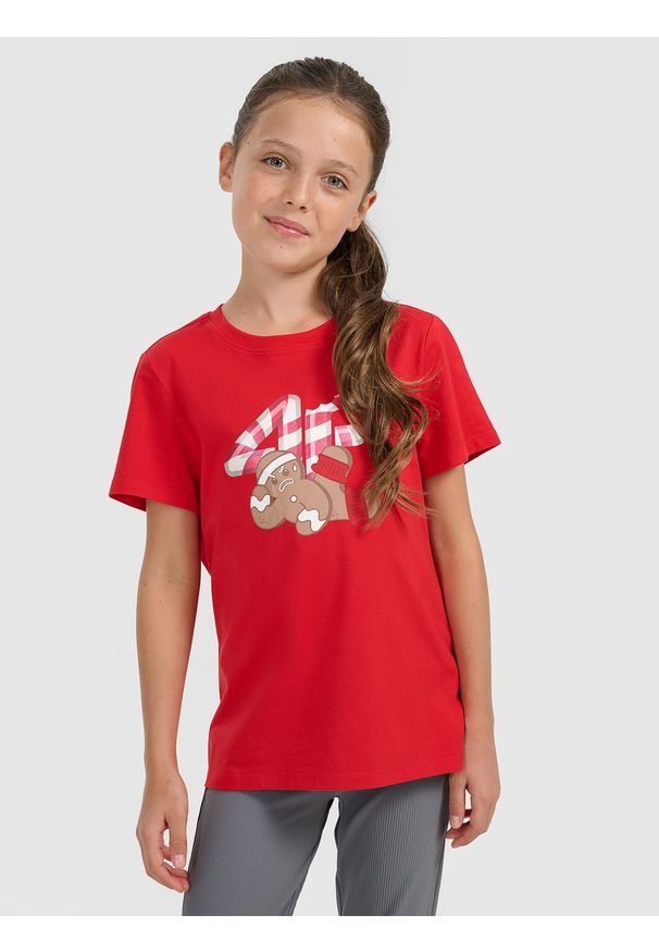 4f - 4F T-shirt regular z nadrukiem świątecznym dziewczęcy - czerwony 164 (13-14 lat). Kolor: czerwony. Materiał: jeans, materiał, skóra, bawełna. Wzór: nadruk. Sezon: lato. Styl: wizytowy