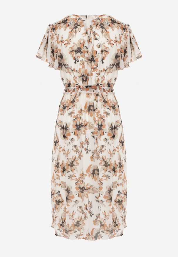 Renee - Pomarańczowa Kopertowa Sukienka z Wiązanym Paskiem w Kwiatowy Print z Brokatem Runewea. Okazja: na randkę. Kolor: pomarańczowy. Wzór: nadruk, kwiaty. Typ sukienki: kopertowe. Styl: boho