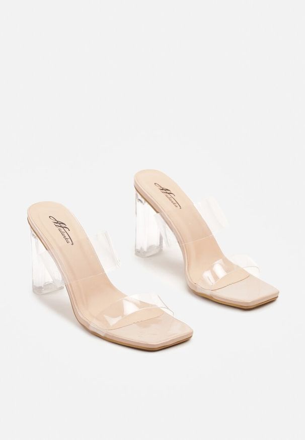 Born2be - Beżowe Klapki Na Słupku z Transparentnymi Elementami Elarine. Okazja: na co dzień. Kolor: beżowy. Materiał: jeans. Obcas: na słupku. Styl: elegancki, casual