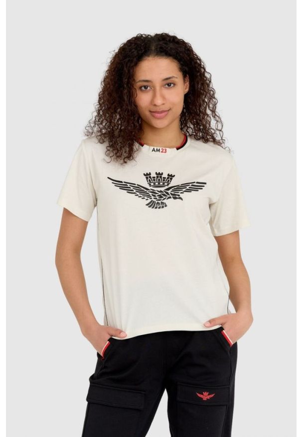 Aeronautica Militare - AERONAUTICA MILITARE Kremowy bawełniany luźny t-shirt damski z wypukłym orłem Comfort Fit, Rozmiar XS. Kolor: beżowy. Materiał: bawełna
