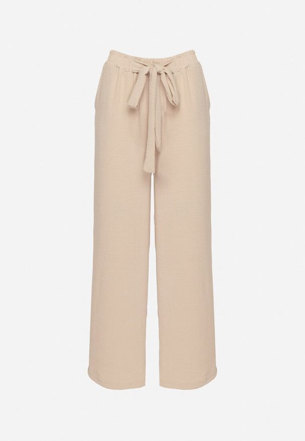 Born2be - Beżowe Szerokie Spodnie z Wiskozą Wiązane w Pasie Zilenna. Okazja: na co dzień. Kolor: beżowy. Materiał: wiskoza. Styl: klasyczny, casual, elegancki