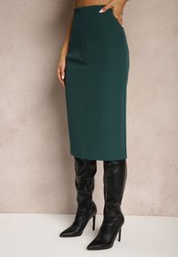 Renee - Zielona Spódnica o Ołówkowym Kroju High Waist z Rozcięciem z Tyłu Liozia. Okazja: na spotkanie biznesowe. Stan: podwyższony. Kolor: zielony. Materiał: jedwab. Wzór: gładki. Styl: biznesowy, elegancki