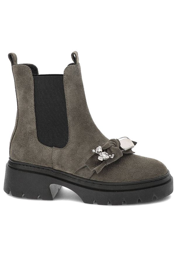 Zielone Botki Karino Modne Buty Damskie. Zapięcie: klamry. Kolor: zielony. Materiał: futro, syntetyk, welur, skóra. Sezon: jesień, zima. Styl: elegancki