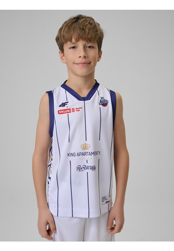 4f - 4F Koszulka meczowa replika domowa z sezonu 2025/26 dziecięca 4F x King Szczecin - biała 146/152 (10-12 lat). Kolor: biały. Materiał: materiał. Wzór: nadruk. Sezon: lato. Sport: fitness