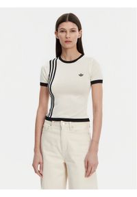Adidas - adidas T-Shirt Knitted 3-Stripes JJ0961 Beżowy Slim Fit. Kolor: beżowy. Materiał: syntetyk, wiskoza