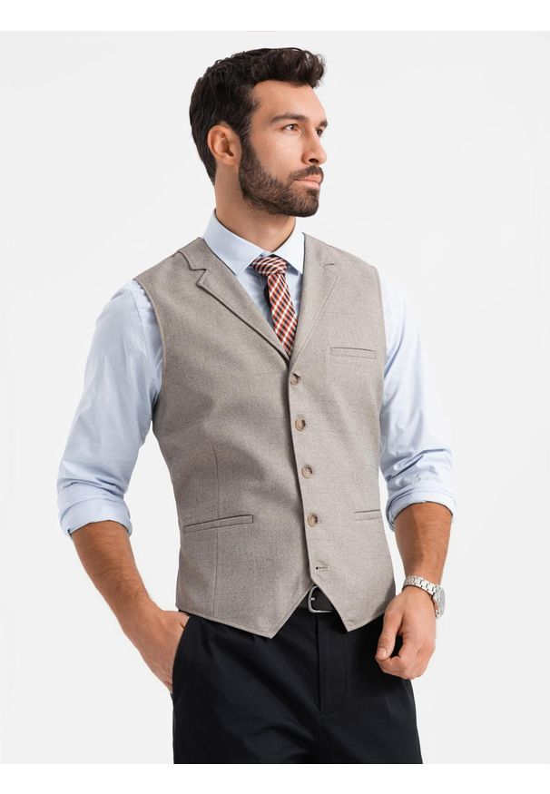 Ombre Clothing - Kamizelka męska garniturowa z kołnierzem - beżowa V3 - Rozmiar: L. Kolor: beżowy. Materiał: poliester