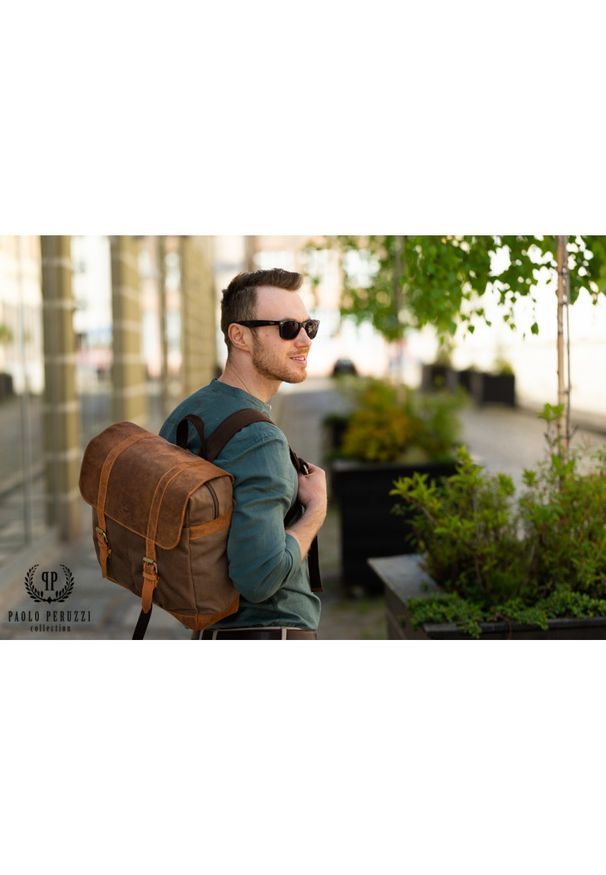 Plecak męski brązowy vintage PAOLO PERUZZI T-29-BR. Kolor: brązowy. Materiał: skóra. Styl: vintage