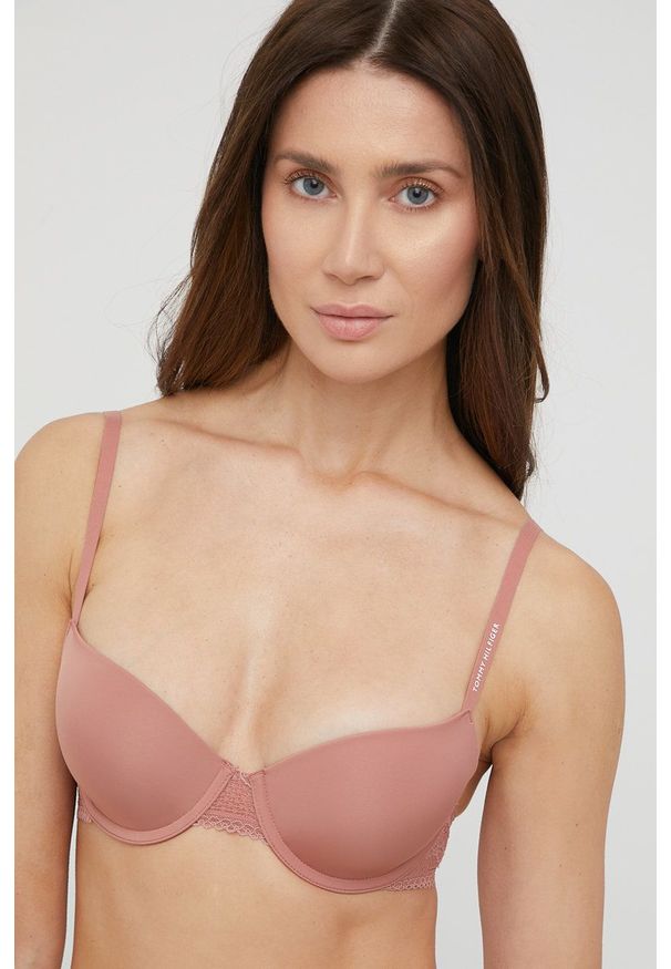 TOMMY HILFIGER - Tommy Hilfiger biustonosz kolor różowy gładki. Kolor: różowy. Rodzaj stanika: biustonosz z fiszbinami. Wzór: gładki